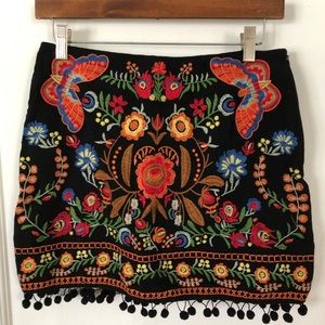 Embroidered Mini Skirt with Pom Poms